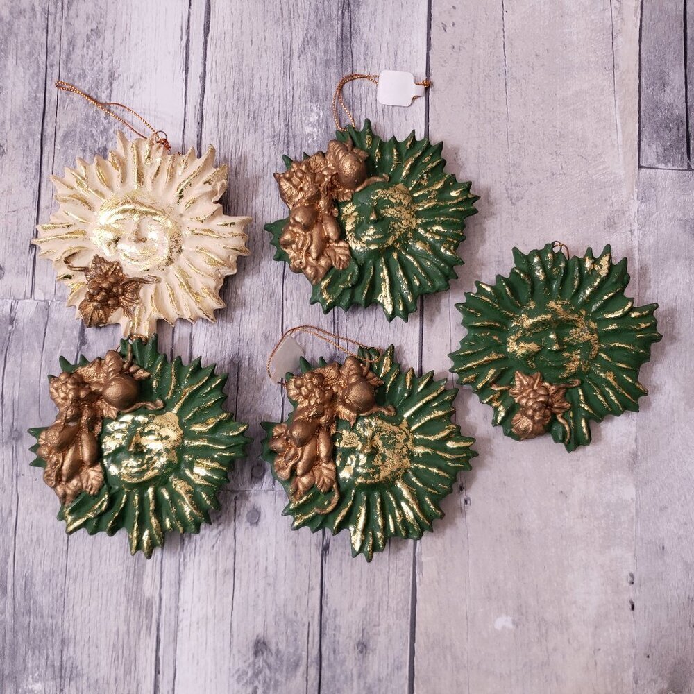 Unused Sunburst Green/Gold/Cream Christmas Ornaments